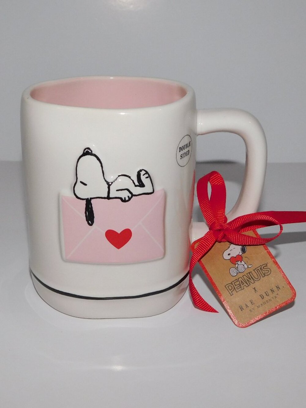 Rae Dunn Peanuts Love Snoopy Letter Heart Double Sided Coffee Tea Mug NWT 2024